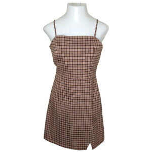 GIANNI BINI Brown Plaid Pinafore Mini Dress Slit Adjustable Straps XL 90s Y2K